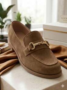 Women's Comfortable Square Moccasin Shoe, Inexpensive, With Gold Embellishment, For Work, Casual, Or Luxury. - 棕色 - 查看 5
