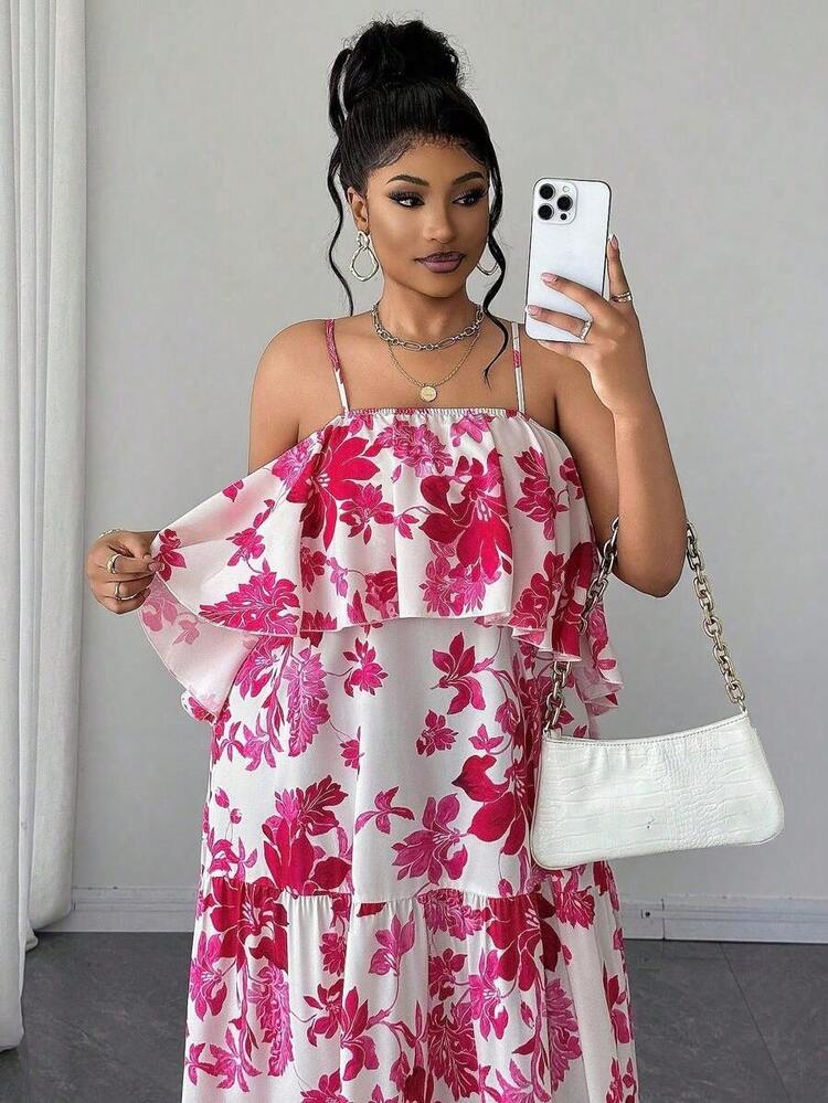 Maweii Vestido maxi de talla grande con estampado floral romántico en color fucsia, ideal para vacaciones de primavera/verano.Vestido con tirantes finos, cintura con volantes y falda fluida, perfecto para vacaciones en la playa, picnic de verano, Día de San Valentín, fotografía de viaje, carnaval y atuendo llamativo: Estilo de moda de vacaciones románticas - Multicolor - Añade 4