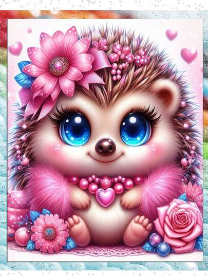 Cute Pink Hedgehog DIY Diamond Painting Kit For Adults - 5D Full Drill Round Gem Art, Hedgehog With Flowers & Hearts, DIY Diamond Dots Painting For Beginners, Home Wall Decor,
