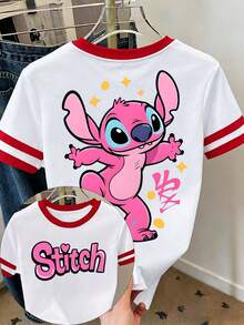 [Disney Official Authorization] Women's Casual Short Sleeve Round Neck Graphic Tee Top, Stylish Knitted Fabric T-Shirt With Print For Everyday Wear Disney Land .The Print Features Stitch's Pink Counterpart From *Lilo & Stitch*.Cartoon Loose Fit Versatile Couple And Family Matching Round Neck Short Sleeve T-Shirt Top - trắng - Xem 1