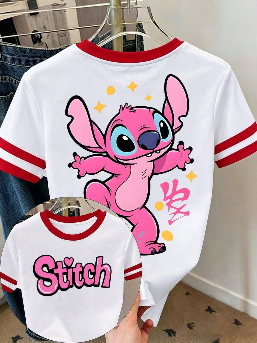 [Disney Official Authorization] Women's Casual Short Sleeve Round Neck Graphic Tee Top, Stylish Knitted Fabric T-Shirt With Print For Everyday Wear Disney Land .The Print Features Stitch's Pink Counterpart From *Lilo & Stitch*.Cartoon Loose Fit Versatile Couple And Family Matching Round Neck Short Sleeve T-Shirt Top - trắng - Xem 1