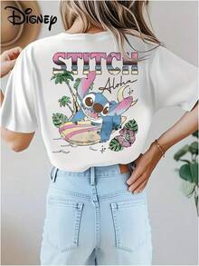 T-shirt 100% coton sous licence officielle Disney, T-shirt à manches courtes unisexe, Véritable impression sous licence de Stitch, Top décontracté à manches courtes doux et agréable sur la peau, stretch, t-shirt à manches courtes et col rond stylé pour femmes - Blanc - Voir 3