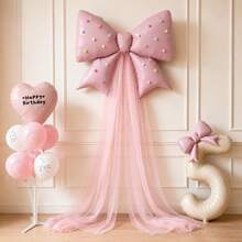 1pc Large Pink Bow Foil Balloon With 20pcs Colorful Pom Pom Stickers, Suitable For Wedding, Birthday Party Decoration, Baby Shower - View 5