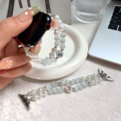 Elegant Design Faux Pearl & Crystal Beaded Double-Layer Strap, Fashionable Women's Daily Accessory, Suitable As Accessory For Huawei, Apple,