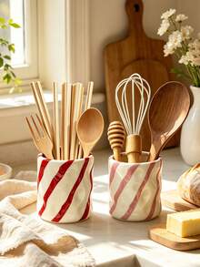 1pc Striped Resin Kitchen Utensil Holder, Bright Red/Pink Diagonal Striped Utensil Holder, Decorative Resin Storage Rack For Spoons, Forks, Whisks, Suitable For Kitchen, Restaurant, Lightweight Resin Material, Adds Cheerful Atmosphere To Cooking Space - Slash Polka Dot Storage - View 9