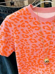 Women's Neon Orange Leopard Print Summer Casual Round Neck Short Sleeve Simple T-Shirt - Multicolor - View 4