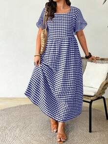 Plus Size Women's Square Neck Short Sleeve Ruffle Plaid Dress, Suitable For Casual Summer Vacation Wear - Multicolor - View 4