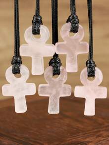 Yumfeel Natural Rose Quartz Ankh Cross Necklace Bohemian Unisex Style Handwoven Everyday Wear Festive/Birthday Gifts Life Symbol Pendant - Pink - View 5