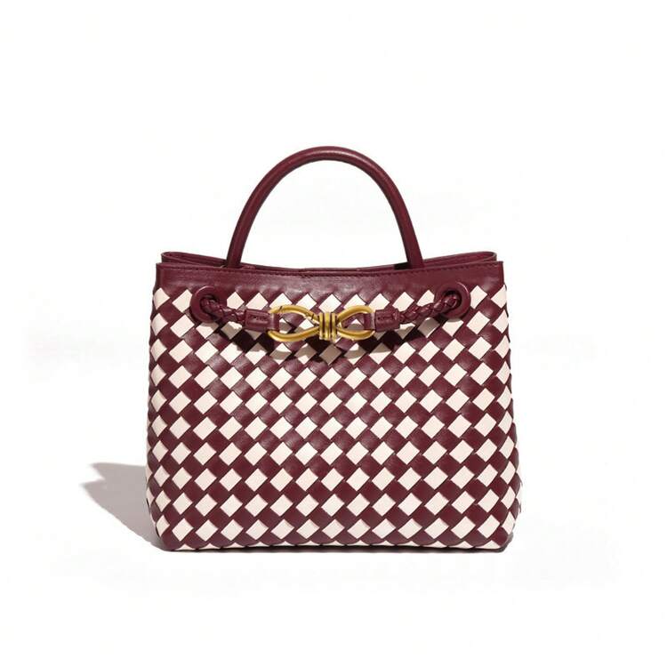 Bolso de Mujer BV Bottega Bang Bang Hecho a Mano de Cuero Genuino de Andiamo Clutch Campana 2026, Nuevo Modelo, de Gamuza con Hebilla de Metal Esmerilado, Bolso de Mano de Gran Capacidad, Moderno y Elegante - Cuero trenzado rojo y blanco - Añade 2