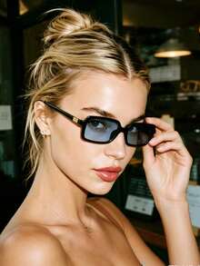 1 Pair Small Rectangular Frame Fashion Glasses, Suitable For Vacation, Travel, Sports, Driving, Festivals, Beach, Music Festivals, Outings, Summer Accessories, Holidays, Family Trips, Elegant Outfits, Street Style Accessories, Sports, Parties, Outdoor Activities, Street Looks, Fishing, Summer Beach Vacations, Outdoor, Travel, Back To School Season Collegiate Style. Rectangular Frame - Black Frame Blue Film - View 2