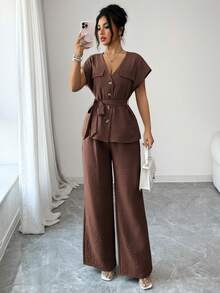 Lily House Women's Autumn/Summer 2-Piece Set, V-Neck Short Sleeve Tie-Front Blouse + High-Waisted Wide-Leg Pants, Elegant Casual, Suitable For Office And Back To School - Brown - View 7