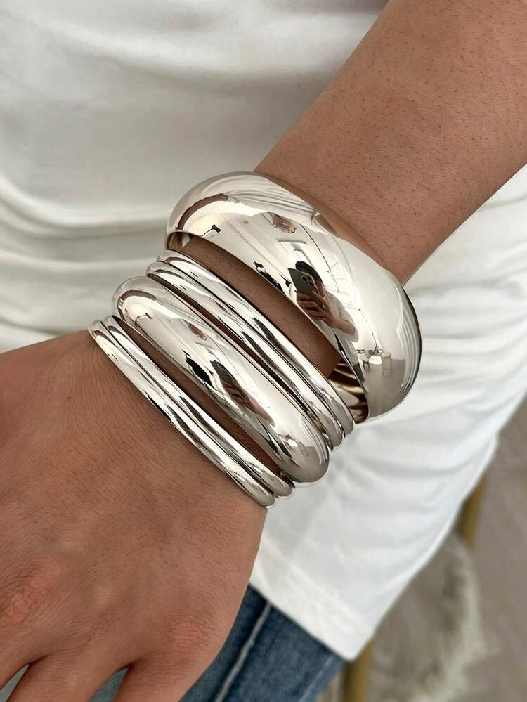 Bộ 6 chiếc vòng tay kim loại mạ bạc bản rộng, thanh lịch kiểu cổ điển, phù hợp cho nữ giới đeo hàng ngày, dự tiệc, đi nghỉ mát hoặc làm quà tặng. - Bạc - Xem 5