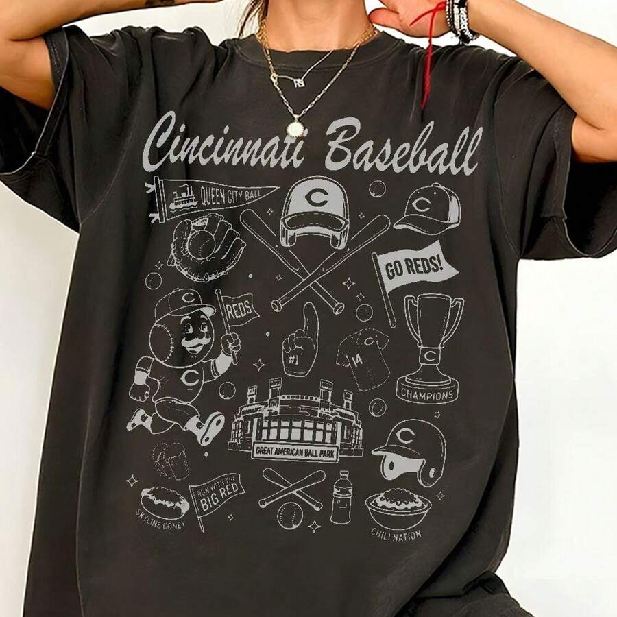 Cincinnati Doodle Art Shirt, Co Mfort Colors Vintage Cincinnati Baseball Shirt, Reds Baseball Game Da - 黑色 - 查看 1