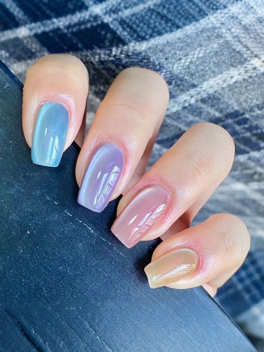 Press On Nails Medium-Long Round-Tip Nails Fake Nails Dreamy Rainbow Aurora False Nails Laser Glossy Full Cover Stick On Nail Reusable Artificial Glue On Nails For Women Manicure 24Pcs - Multicolor - View 1