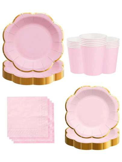 10pcs/20pcs/50pcs/80pcs Pink/Light Pink Gold Rim Paper Tableware Set, Pink 9" Dinner Plates + Light Pink 7" Dessert Plates + Pink Paper Cups + 6.5" Pink /Light Pink Paper Napkins, Scalloped Paper Plates For 1st Birthday, Baptism Party,Birthday,Wedding,Events,Festival,Picnic,Family Gathering Supplies Men Women