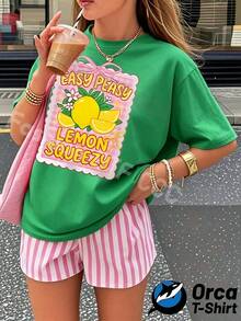 Y2K Personalized  Fashion Pure Cotton Women's T-Shirt, Loose Short-Sleeved Top, Street Style Elegance, Casual And Breathable For Everyday Wear, Creative Printed Summer Clothing, Outdoor Sports Gift. The Printed Pattern Features A Lemon Theme Design With The Words "EASY PEASY LEMON SQUEEZY" On It. The Colors Are Bright And Full Of Energy, Suitable For Summer Outfits, Vacation Outfits For Women, Summer Clothes, 4th Of July Outfits For Women - 粉紅色 - 查看 8