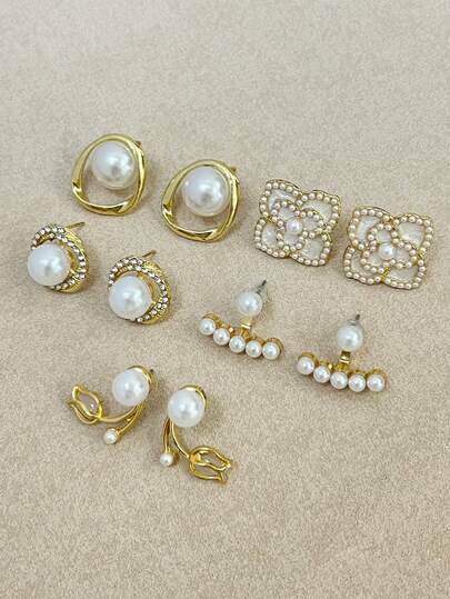 5 Pairs Earring Set: 2 Pairs Tulip Flower Studs + 2 Pairs Pearl Separable Studs + 1 Pair Flower Studs + 1 Pair Asymmetrical Pearl Earrings + 1 Pair Spiral Pearl Studs, Premium Elegant Versatile Daily Earring Jewelry
