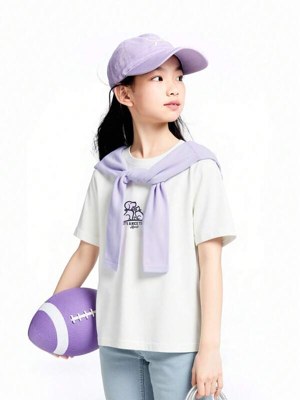 Annil [Áo thun cotton nguyên chất] Áo thun trắng đơn giản cho bé gái kèm khăn choàng, kiểu dáng mới mùa hè 2026, phong cách sinh viên, thoáng khí.