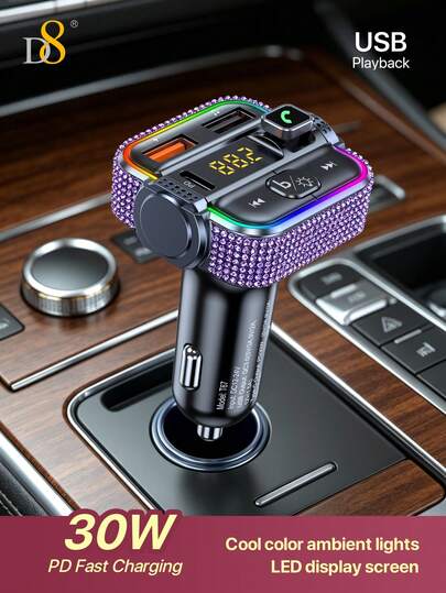 D8 ที่ชาร์จรถยนต์อเนกประสงค์ เครื่องเล่น MP3, ชาร์จเร็ว PD30W, พอร์ตคู่ USB-A & Type-C, จอแสดงแรงดันไฟฟ้า LED, ไฟบรรยากาศ RGB หลากสี, ตัวส่งสัญญาณ FM บลูทูธไร้สาย 5.3, ชุดโทรศัพท์แบบแฮนด์ฟรี, รองรับการเล่นเสียง USB/TF Card/AUX, เสียบแล้วใช้งานได้ทันที, อะแดปเตอร์ที่จุดบุหรี่ขนาดเล็กพกพา, ใช้ได้กับ Mi Android IOS, ตกแต่งภายในรถยนต์สไตล์น่ารัก