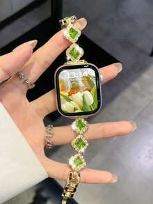 Huastonband 女款金色手鍊錶帶，適用於 ，時尚鑽石鑲嵌花卉設計金屬不鏽鋼腕帶，相容 38/40/41/42/44/45/46/49mm 系列 Ultra/SE/S11/S10/S9/S8/S7/S6/S5/S4/S3，優雅夏季女款珠寶金色海灘配件 - 金色 - 查看 4