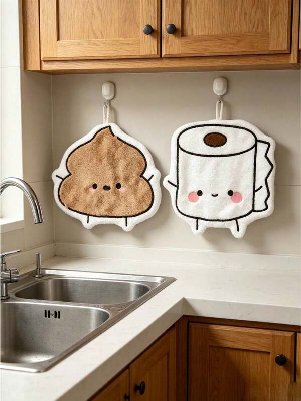 1/2 piezas Toallas de mano de cocina de felpa de coral colgantes, diseño de patrón lindo de caca o pañuelo, súper absorbentes, adecuadas para la limpieza del hogar, paño de limpieza de secado rápido, regalo ideal para vacaciones, accesorio práctico para el baño