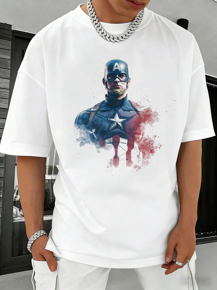 Men's MARVEL Captain America Cotton T-Shirt, Hero Portrait Graphic Tee, Summer Casual Streetwear, Ideal Gift - trắng - Xem 1