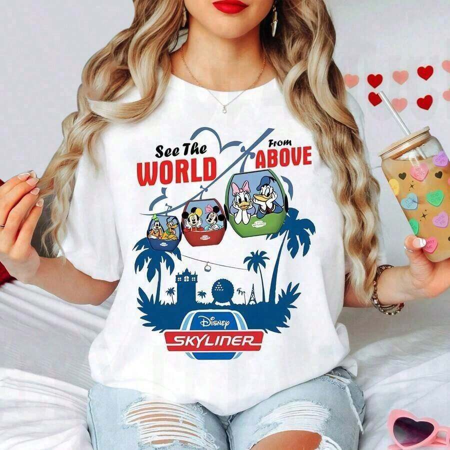 Camiseta Disney Skyliner con Mickey y sus amigos, camiseta de Walt Disney World, "Ve el mundo desde arriba", camisetas a juego para el viaje a Disney 2025, para niños y adultos - Blanco - Ver 1