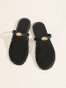 Wide Fit Women's Fashion European And American New Arrival Backstrap Fishnet Flat Sandals, Hollow-Out Comfortable Beach Slides - Black - View 3