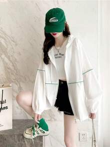 女款夏季戶外長袖防曬襯衫，薄款寬鬆連帽拉鍊開襟外套上衣 白色 - 白色 - 查看 2