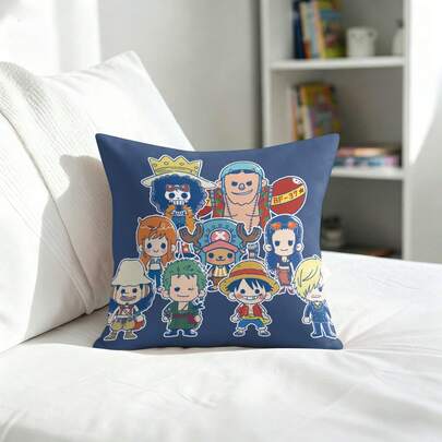 Miniso Sarung Bantal Hias Chibi One Piece Straw Hat Crew, Warna Biru Tua, Cocok untuk Sofa, Kamar Tidur, Ruang Tamu, Dekorasi Rumah.