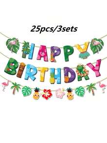 3 sets - Guirlande d'anniversaire de style hawaïen, bannière Joyeux Anniversaire avec flamant rose, feuille de palmier et éléments Aloha, style de fête d'été tropicale. Convient pour la décoration d'anniversaire à thème hawaïen, la célébration d'été à la plage et la décoration suspendue de fête intérieure/extérieure - A - Voir 11