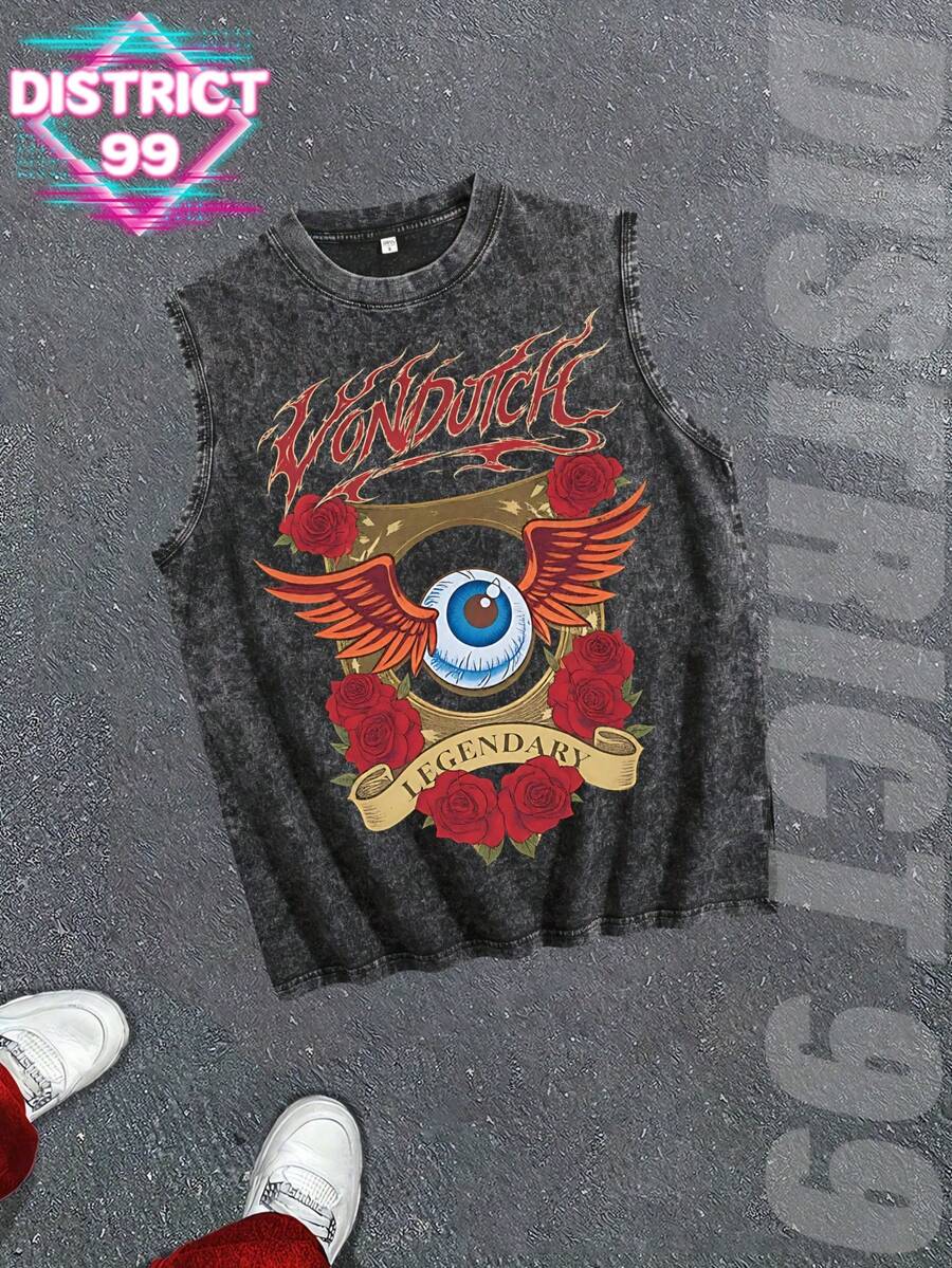 Men;S VonDutchs Style Washed Cotton Sleeveless Vest, Eye & Roses Graphic, Black Retro Distressed Summer Tank Top, Father's Day Gift - 黑色 - 查看 1