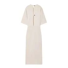 Vestido Midi de Verano para Mujer, Nuevo Estilo, Cuello Redondo, Plisado, Manga Corta, Cintura Ajustada, Casual,, con Cierre Lateral y Botones, Color Sólido - Albaricoque - Ver 2