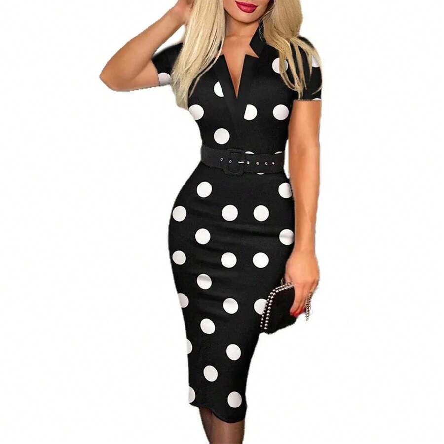Vestido elegante con estampado y cuello en V, manga corta con cinturón, para mujer, ropa informal elegante para primavera y verano - BLANCO - Ver 1