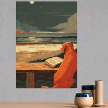 Pintura Decorativa Plana 2D, 2D Plano, 2D Plano, 1 pieza, Sin Marco, Multi- Opcional, Póster de Golden Retriever Leyendo a Noche, Arte de Pared Caprichoso de Animales Oceánicos al Lucir de la Luna, Regalo Único para Amantes de los Perros, Póster Creativo Imaginativo - Enmarcado - Ver 3