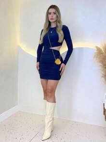Women's Lined Long-Sleeved Elegant Pleated Dress In Suplex Fabric, Sizes 36 To 40, In Solid Colors, For Winter And Summer, Rodeo, June Festival, Saint John's Day. - 藏蓝色 - 查看 1