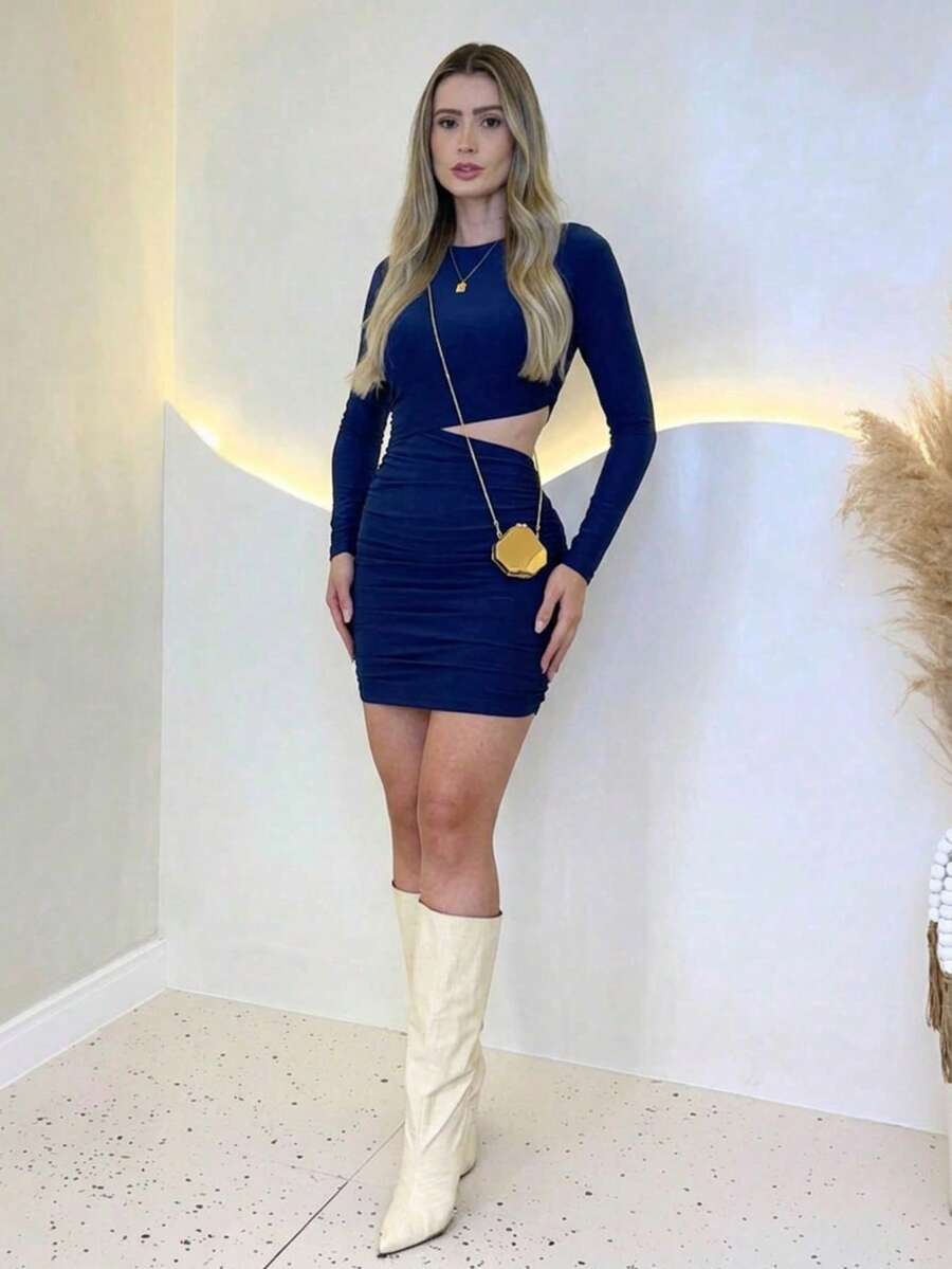 Women's Lined Long-Sleeved Elegant Pleated Dress In Suplex Fabric, Sizes 36 To 40, In Solid Colors, For Winter And Summer, Rodeo, June Festival, Saint John's Day. - 藏蓝色 - 查看 1