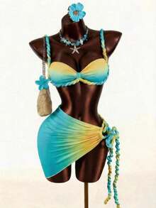 Conjunto de traje de baño de 3 piezas con detalles de lino para mujer, que incluye bikini y cubre con lino, adecuado para vacaciones en la playa y uso diario, sexy, lindo, elegante, nueva llegada - Multicolor - Ver 4