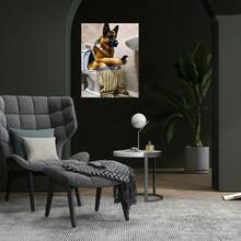 Póster e impresión plano 2D de perro pastor alemán, 1 pieza - Arte humorístico de teléfono cepillándose en el inodoro, apto para regalos de regreso a clases y graduación, pintura moderna en lienzo sin marco para decoración de sala, dormitorio, baño - Arte de pared peculiar de pastor alemán, plano 2D - Enmarcado - Ver 2