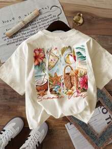 2026 Bestseller Women Summer Minimalist T-Shirt Casual Beach Vacation Print Wave Pattern Round Neck Short Sleeve Versatile Top - Apricot - View 3