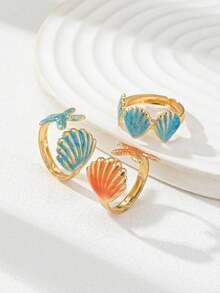 3pcs/Set Starfish & Seashell Adjustable Open Ring Set, Gold-Plated Stackable Beach Statement Rings For Women, Summer Ocean Vacation Jewelry - Multicolor - View 4