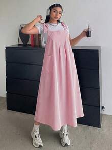 大尺碼女款條紋雙口袋休閒寬鬆吊帶長洋裝，優雅夏季紅色女裝套裝 - 紅色 - 查看 2