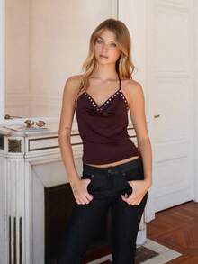 Womens Rivets Studded Halter Neck Plunge Cami Top Self-Tie Spaghetti Straps V-Neck Cut Out Front Crop Tank Top Camisole Vest Y2K Streetwear Party Tops - F214542-棕色 - 查看 3
