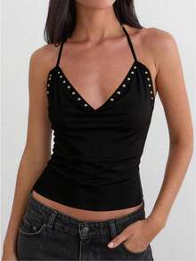 Womens Rivets Studded Halter Neck Plunge Cami Top Self-Tie Spaghetti Straps V-Neck Cut Out Front Crop Tank Top Camisole Vest Y2K Streetwear Party Tops - F214542-黑色 - 查看 1