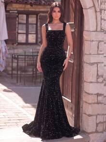 Faeriesty Women's Shiny Sequin Mermaid Dress, Sleeveless Spaghetti Strap Neckline Design, Open Back, Suitable For Formal Party Occasions Wedding Black - 黑色 - 查看 4