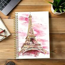 1 pieza Cuaderno espiral A5 - Diseño de arte en acuarela inspirado en París, Francia, con la Torre Eiffel y arquitectura francesa, cubierta elegante en rosa y dorado - Rosa elegante - Ver 1