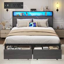 Queen & Full Bed Frame With Storage, 2-Tier Storage Headboard & Built-In Drawers, Metal Platform Bed With USB Charging Station & LED Lights, Noise Free, No Box Spring Needed, Easy Assembly,Rustic Grey - Grey - View 2