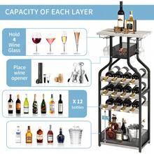 Rustic Freestanding Metal Wine Rack Table – Multi-Functional Bottle & Glass Holder Stand With Wood Countertop, Storage Shelves – Perfect For Home, Kitchen, Dining, Living Room – Compact Design - Grey - View 2