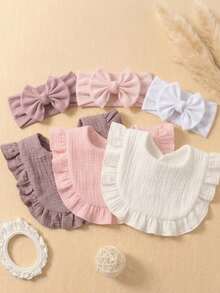 Set de 6 piezas de diademas para bebé de unicolor de verano con moño grande, baberos y paños de eructo suaves y amigables con la piel con volantes lindos, set de accesorios de colores múltiples para recién nacidos - Multicolor - Ver 8