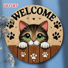 Placa de Metal Plana 2D - Alumínio, com Design Fofo de Gato, Diâmetro de 7,8 Polegadas. Esta peça de arte de parede em estilo rústico é perfeita para decorar sua casa, garagem, área de jantar ou café. - A - Visão 9